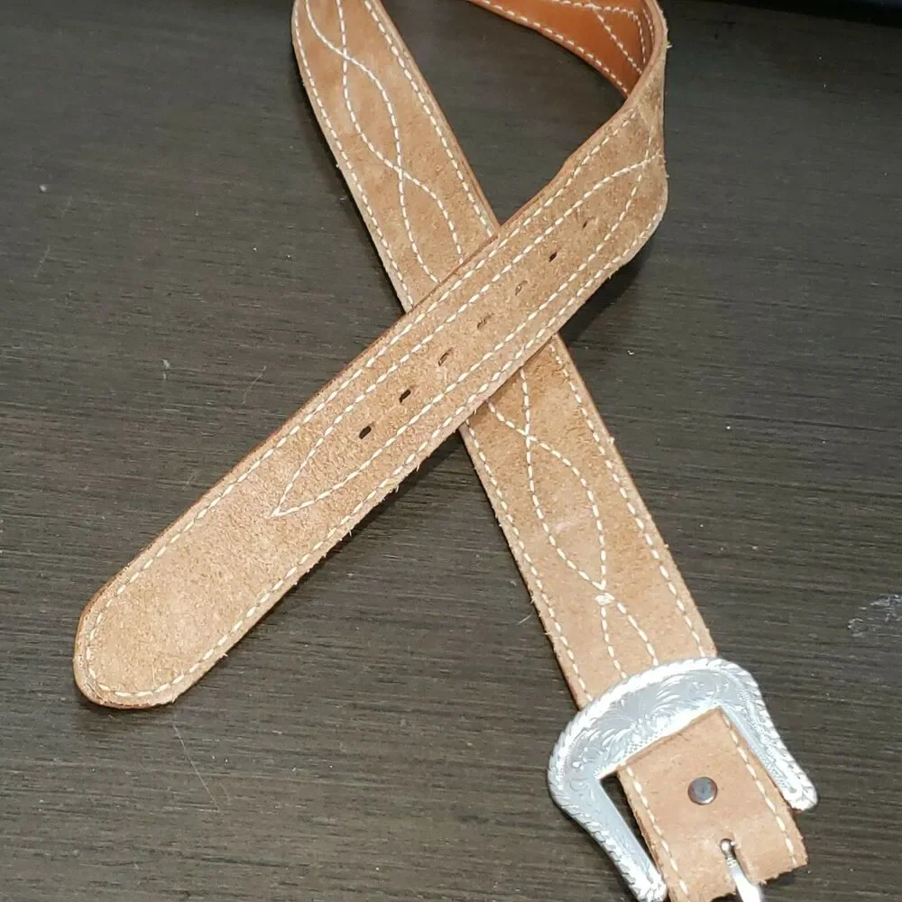 Justin Brown Tan Leather Reversible Belt Silver Buckle 32 Stitching Accents